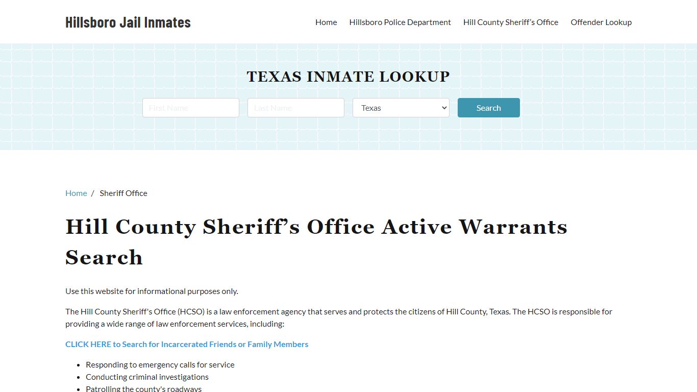 Hill County Sheriff Office, TX Warrant Lookup - Hillsboro Jail